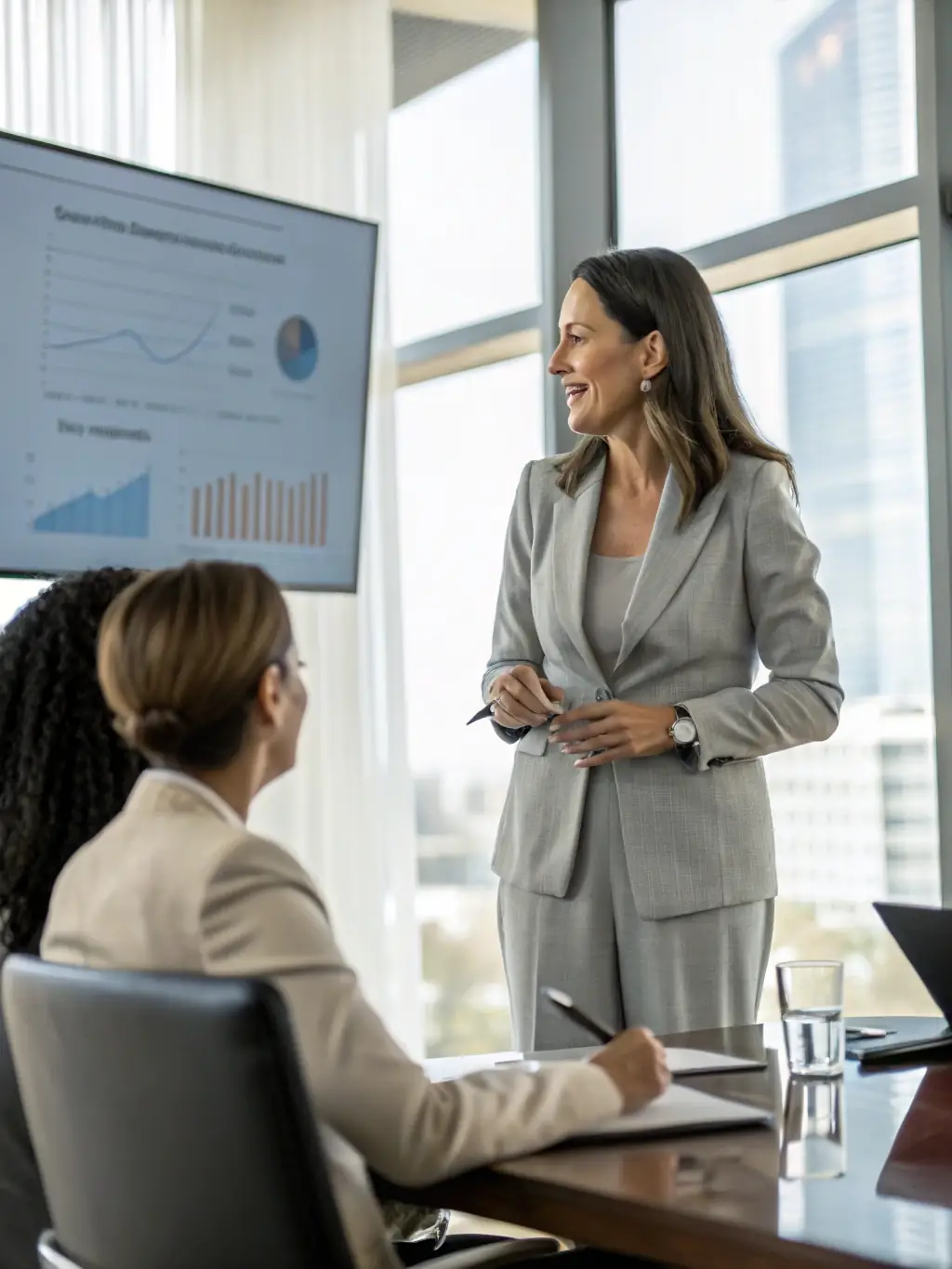 A consultant presenting a strategic business analysis report to a client, showcasing market trends, competitive landscape, and growth opportunities.
