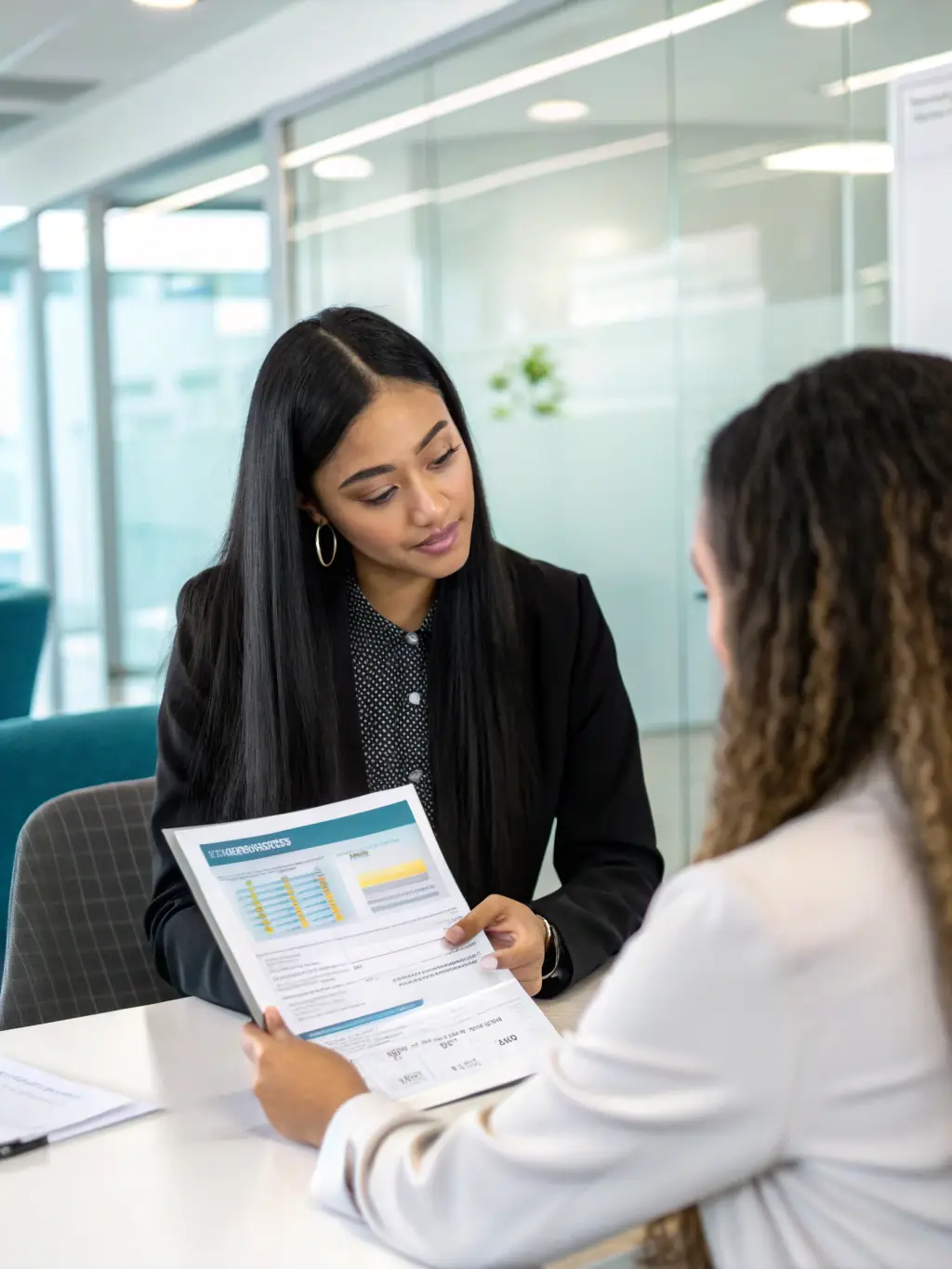 An image of a financial advisor reviewing a company's financial documents with a client, with charts and graphs displayed on a screen.