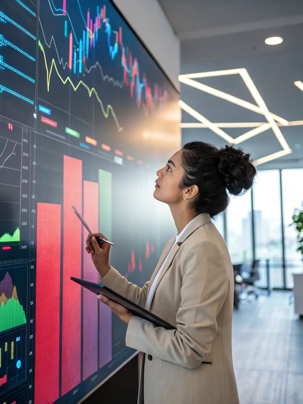 A consultant analyzing market data and strategic options on a digital tablet, with a team collaborating in the background.