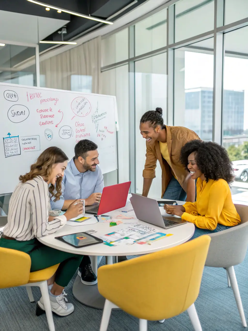A diverse group of business professionals brainstorming ideas in a well-lit conference room, representing collaborative advisory services.