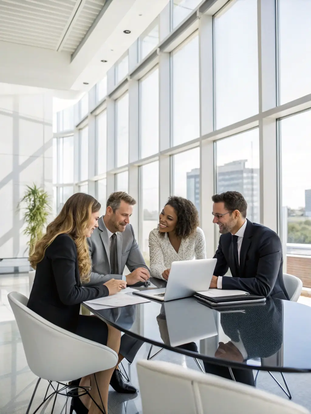 A professional business team collaborating on financial documents in a modern office setting, symbolizing strategic financial planning.