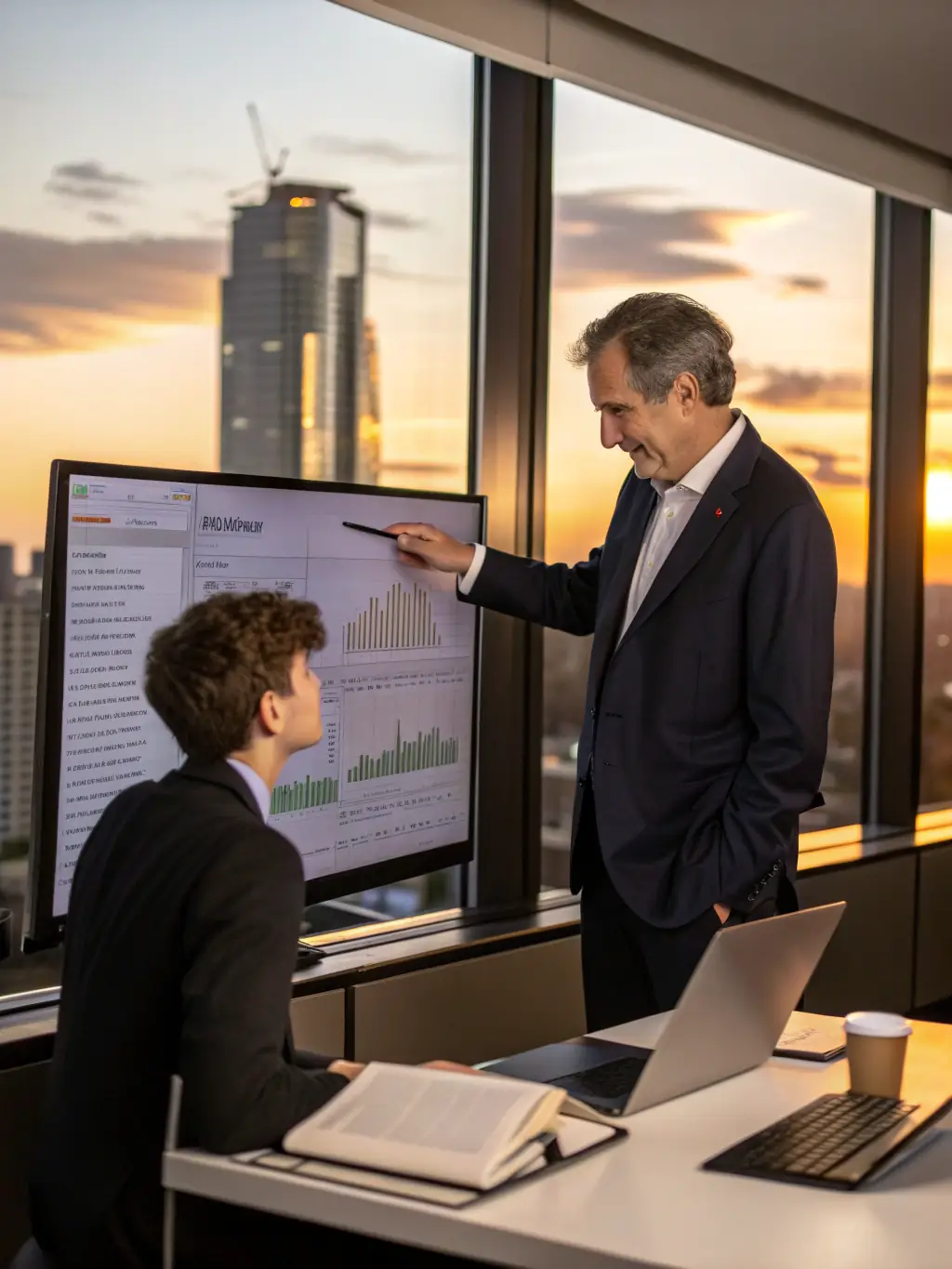 A financial expert presenting a clear and concise financial report to a business owner, explaining key findings and recommendations.