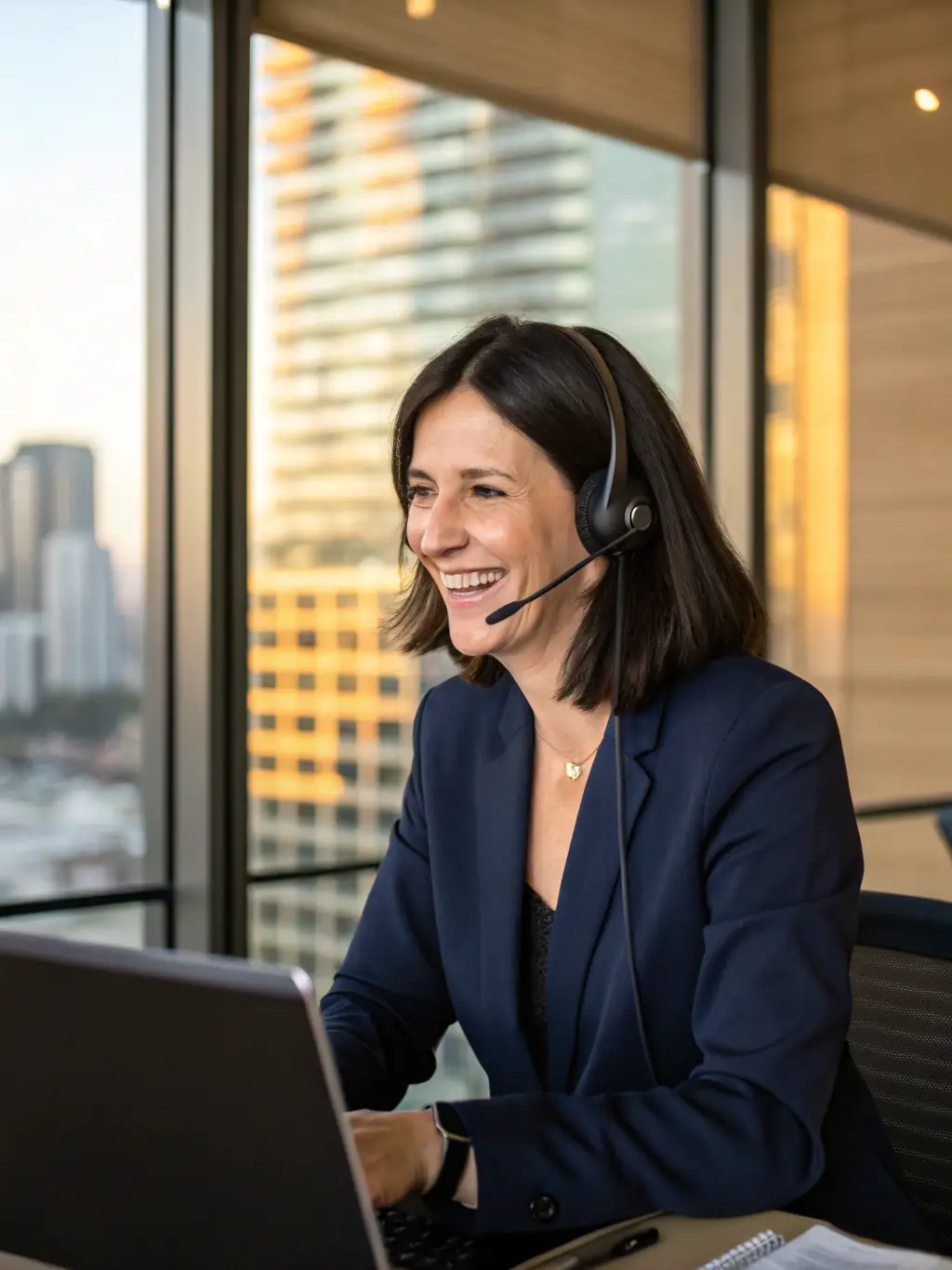 A business owner confidently reviewing a financial report showing positive growth trends, with a clear sense of financial security.