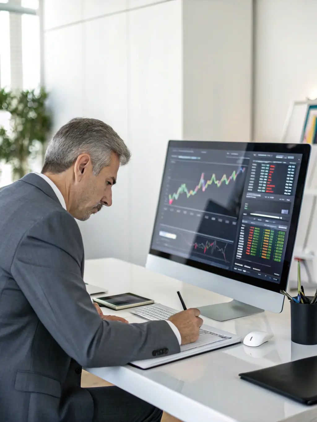 A financial analyst reviewing a complex financial model on a computer screen, highlighting key performance indicators and financial projections for a client.